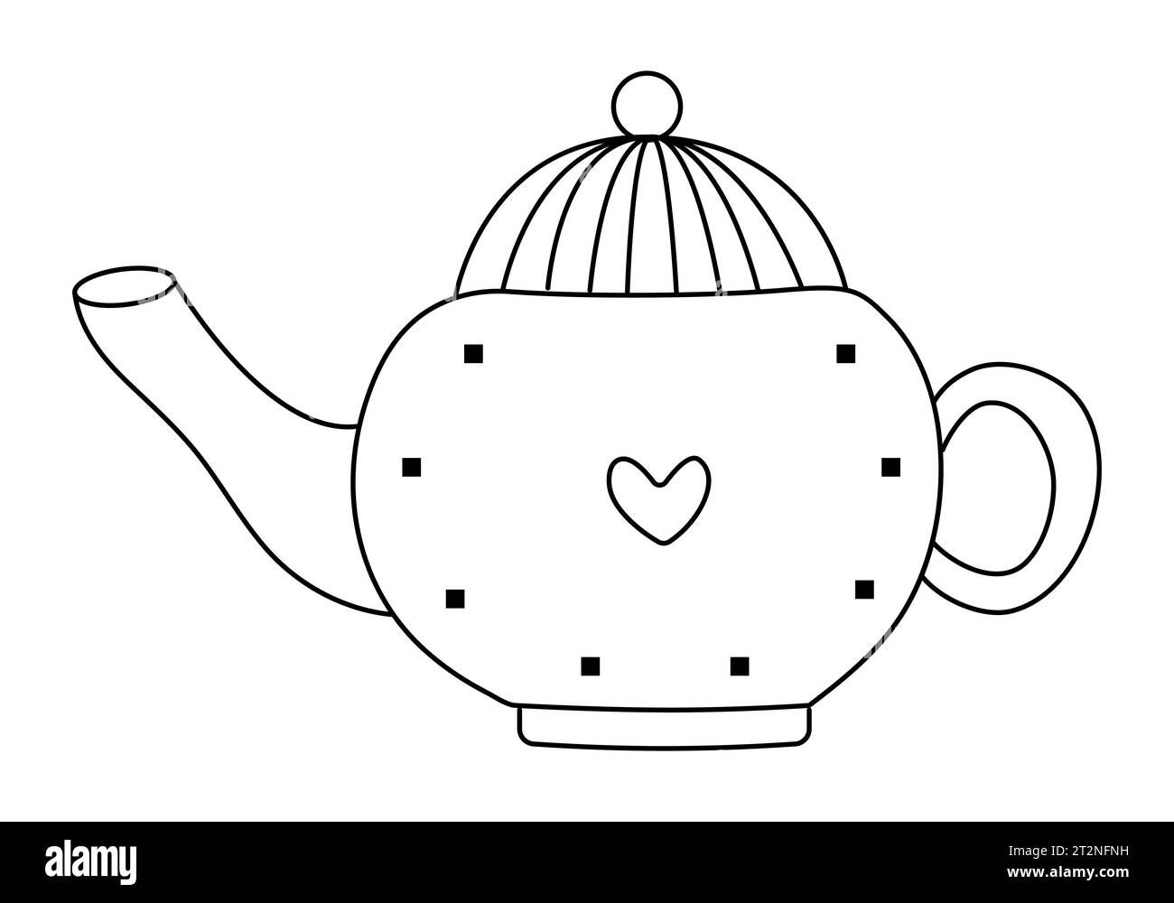 Black line round kettle with a heart and squares, cute monochrome teapot, vector illustration of teakettle Stock Vector
