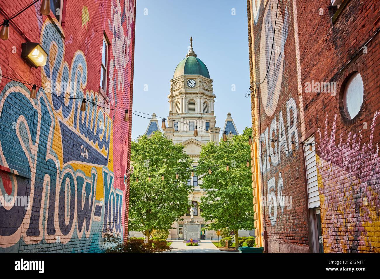 Wall murals on opposing building walls in alley with Whitley County