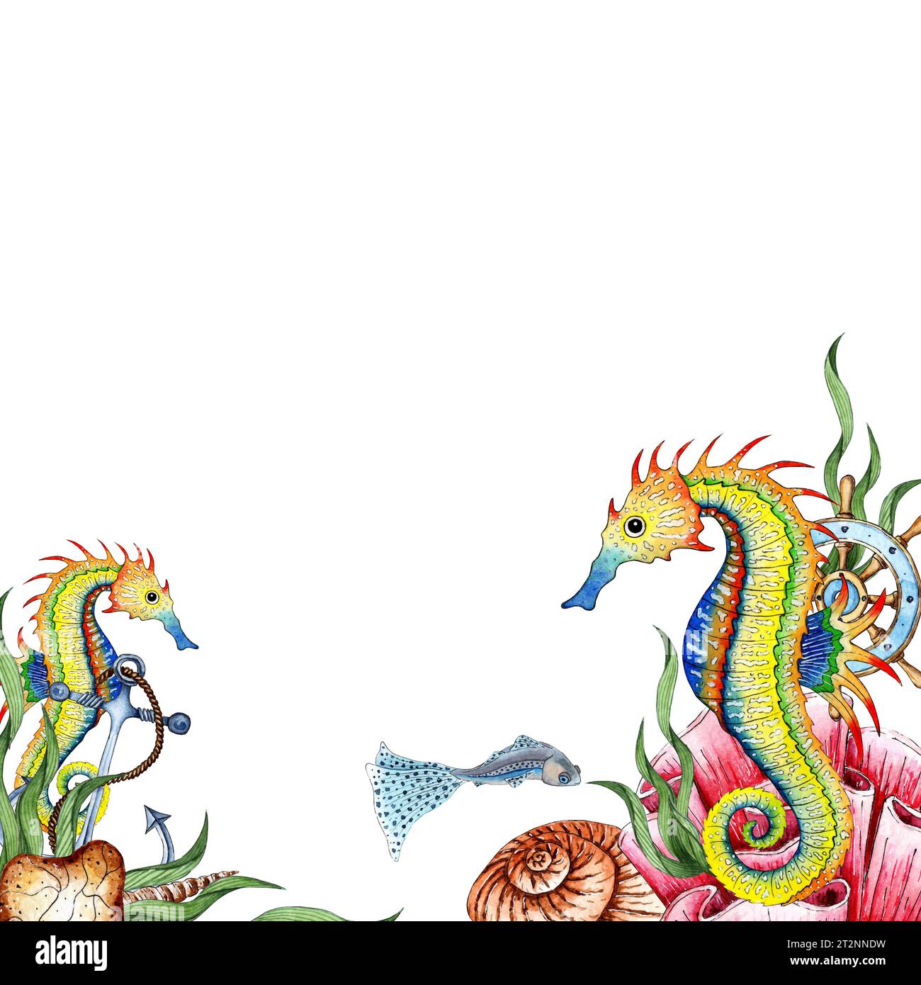 Watercolor illustration of a green seahorse with coral, seaweed, rudder ...