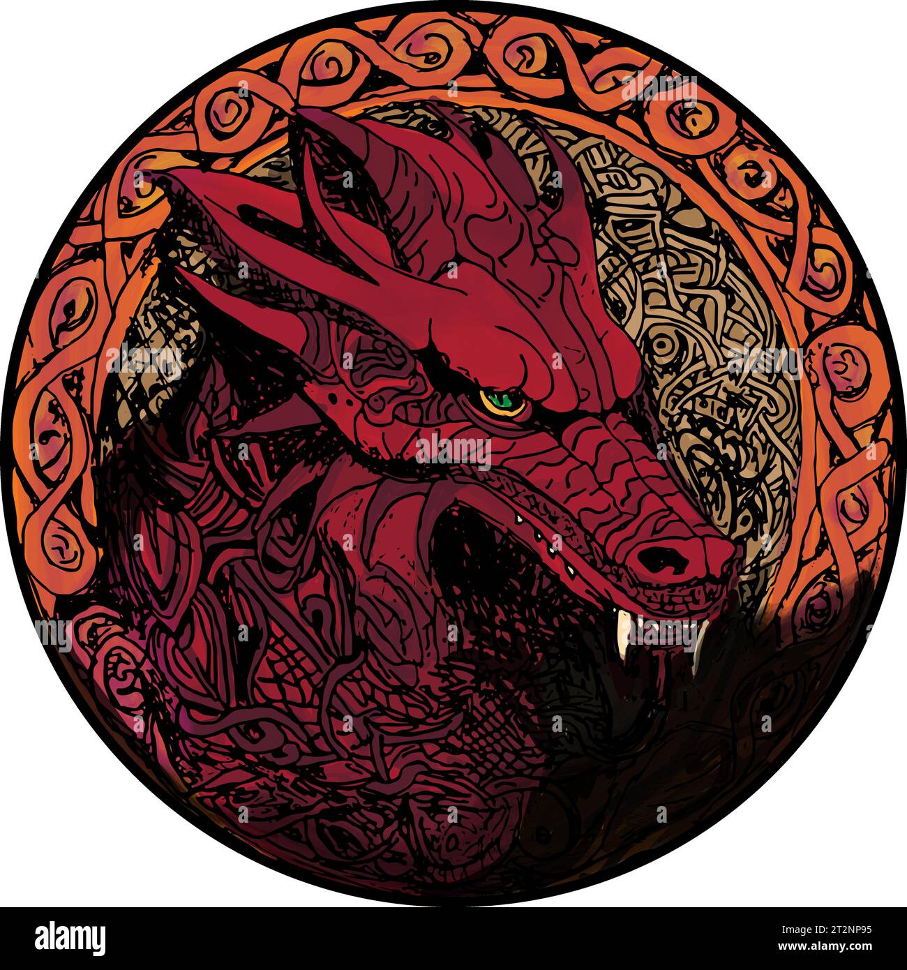 Round illustration of a red dragon with knotwork border. Stock Vector