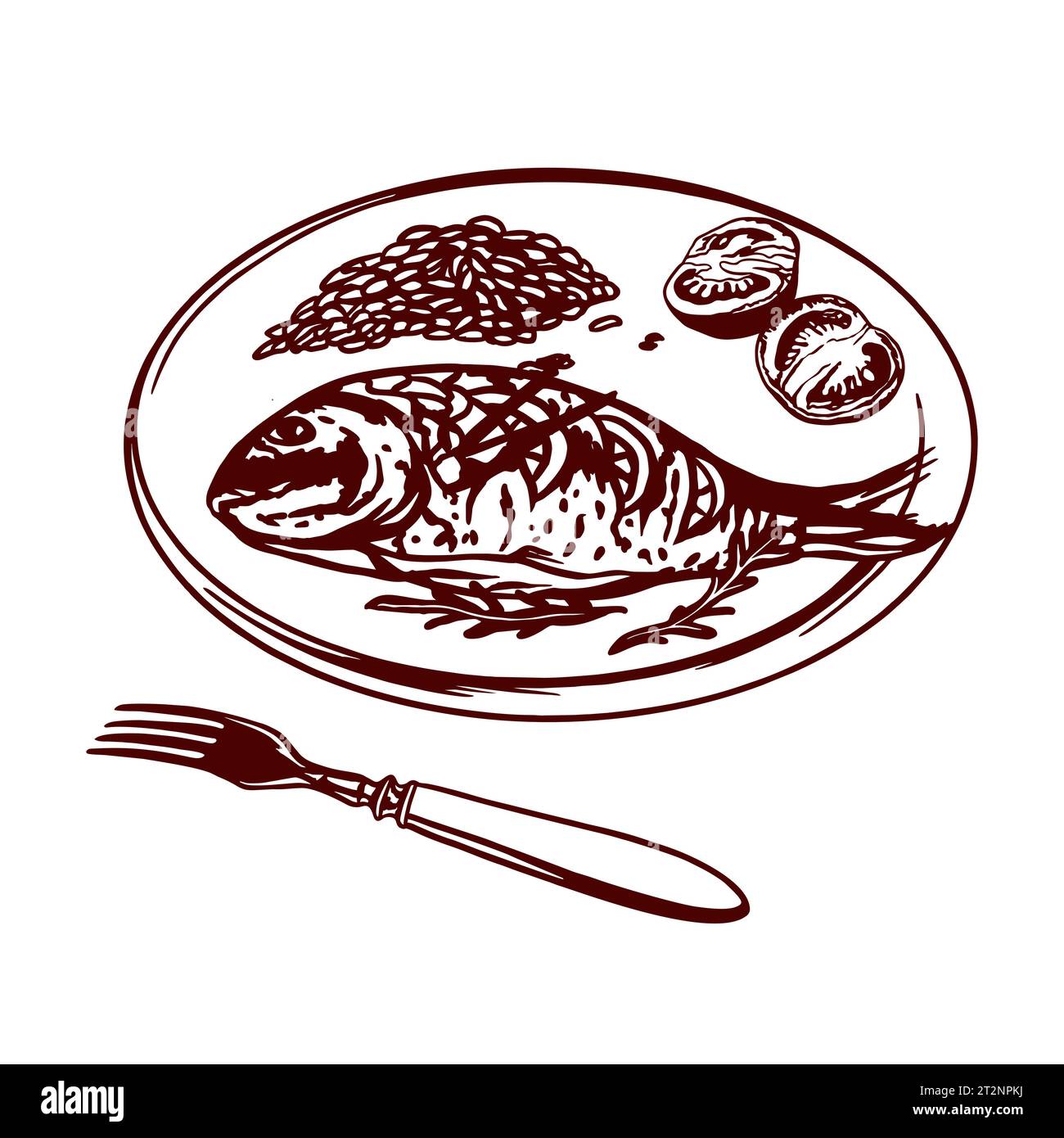 Fish, rice, tomatoes on a plate, fork. Vector illustration of food in graphic style. Menus of restaurants, cafes, food labels, covers, cards. Stock Vector