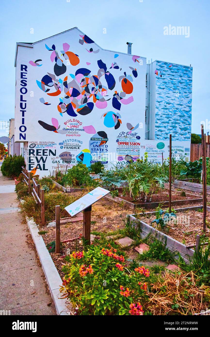 Resolution a building against climate change with abstract mural and ...