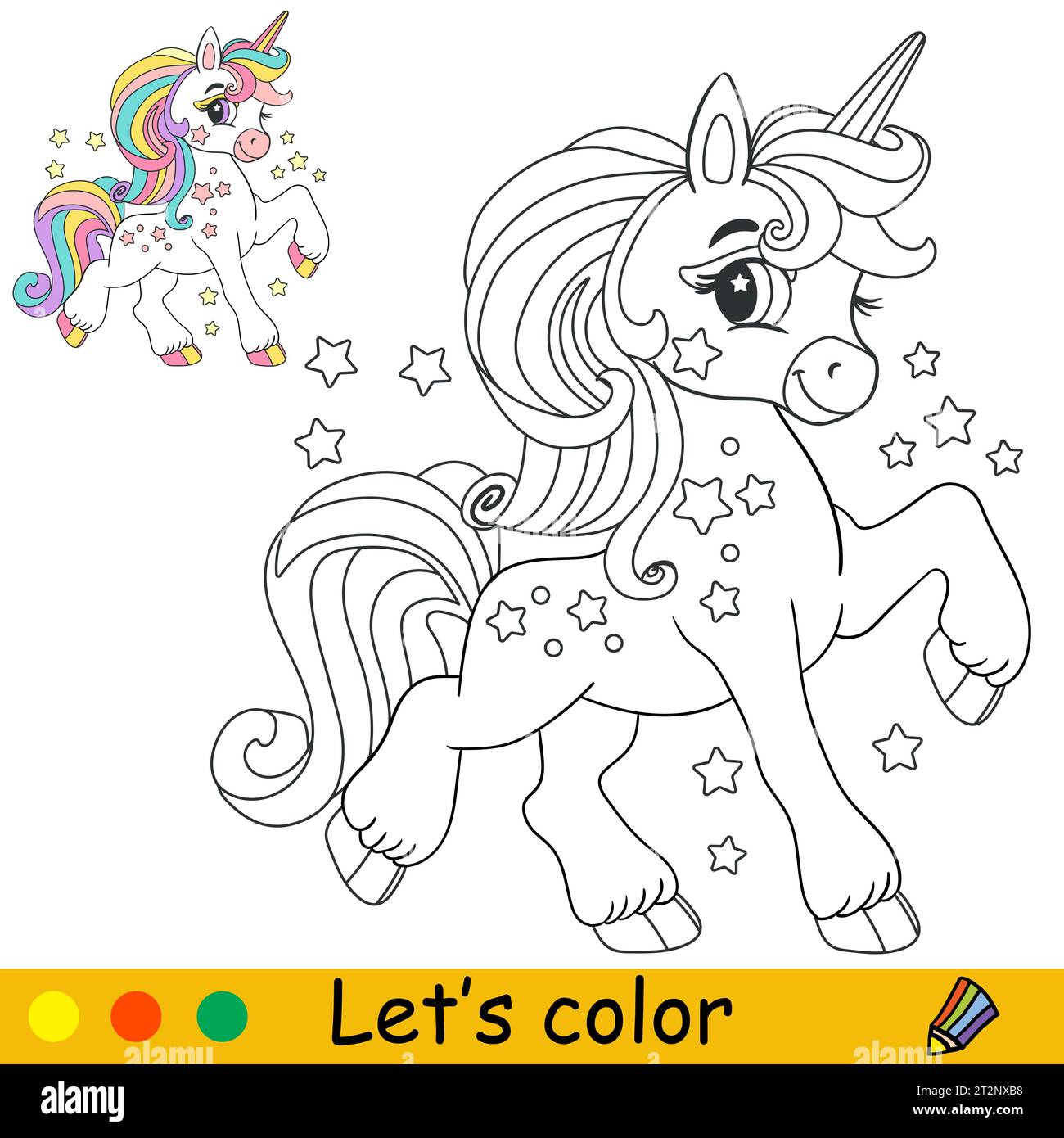 Starry rainbow cartoon unicorn. Kids coloring book page. Unicorn ...