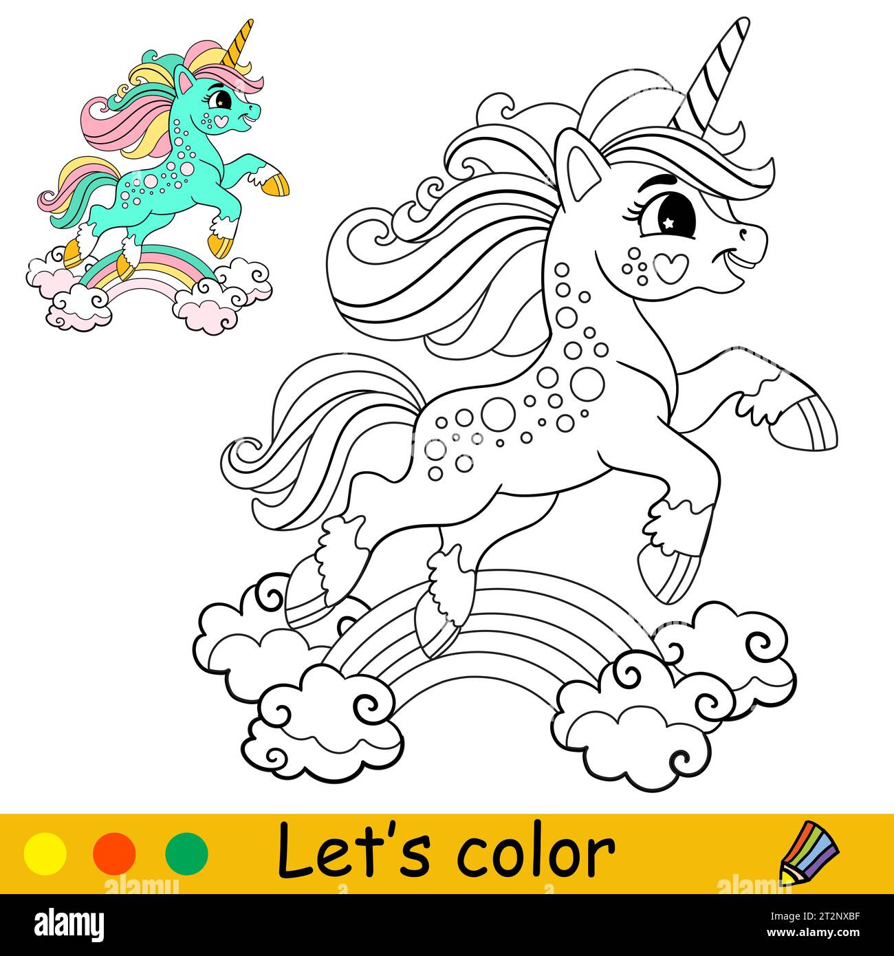 Cute unicorn with rainbow and cloud. Kids coloring book page. Unicorn ...