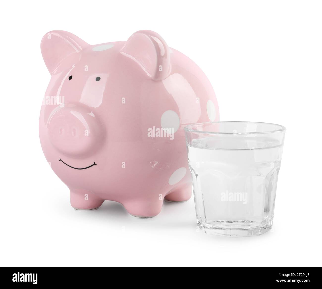 Water scarcity concept. Piggy bank and glass of drink isolated on white ...