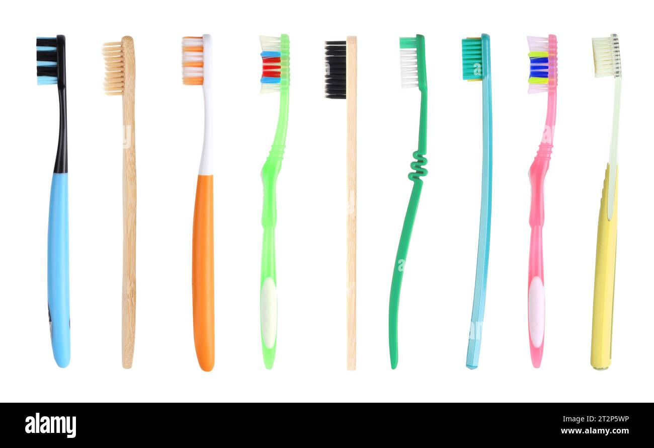 Set of different colorful toothbrushes on white background Stock Photo ...
