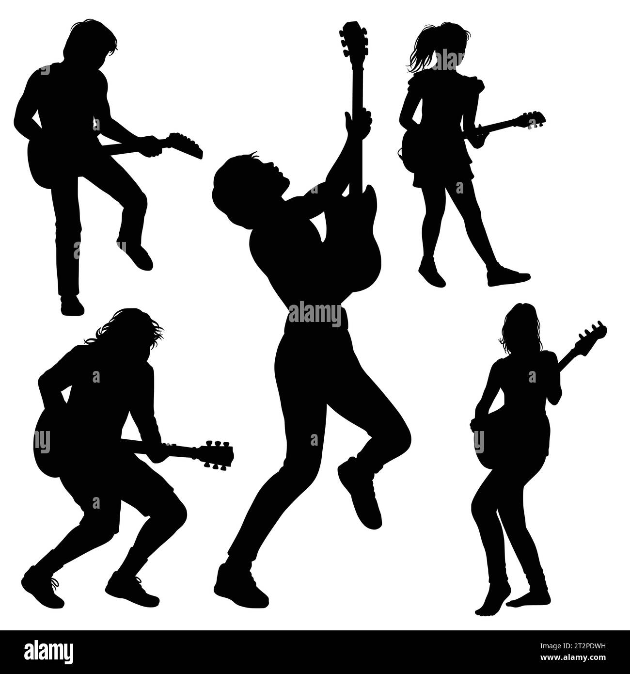 guitar player male and female music performance silhouette Stock Vector