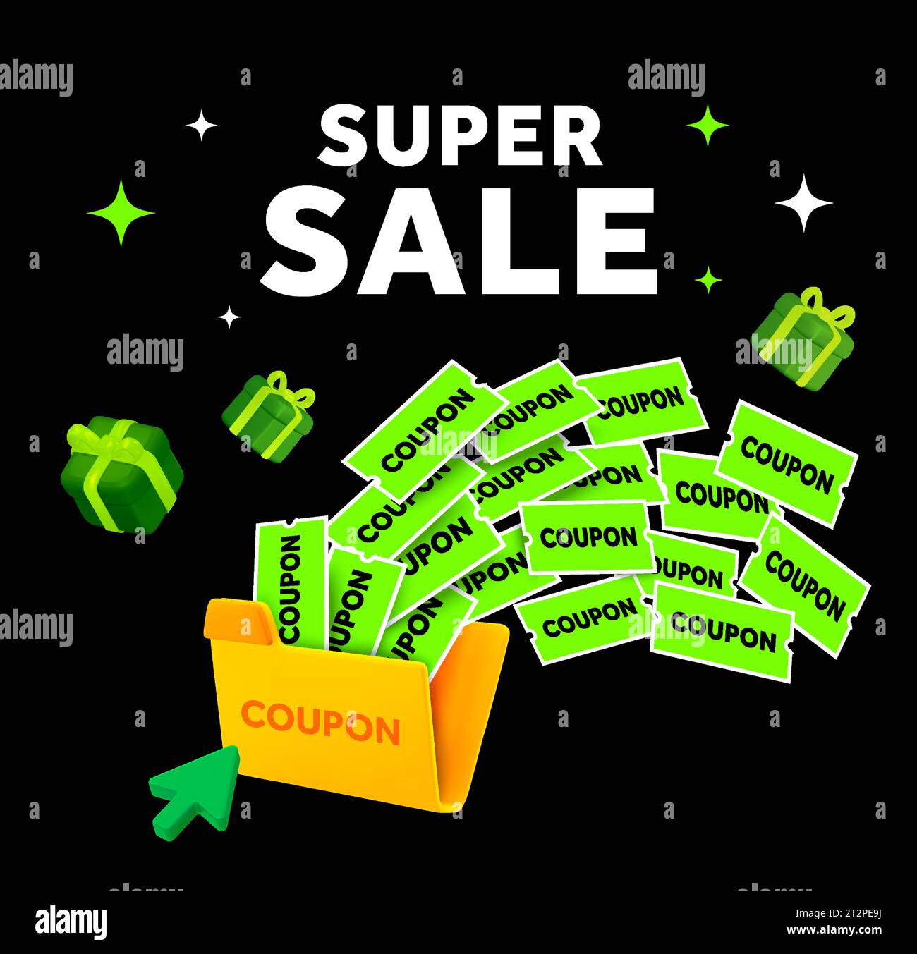 Black friday super sale banner template with many green coupons and gift boxes flying out. Premium price special event gift card. Hot deal offer poster. 2d flat vector illustration. Vector illustration Stock Vector