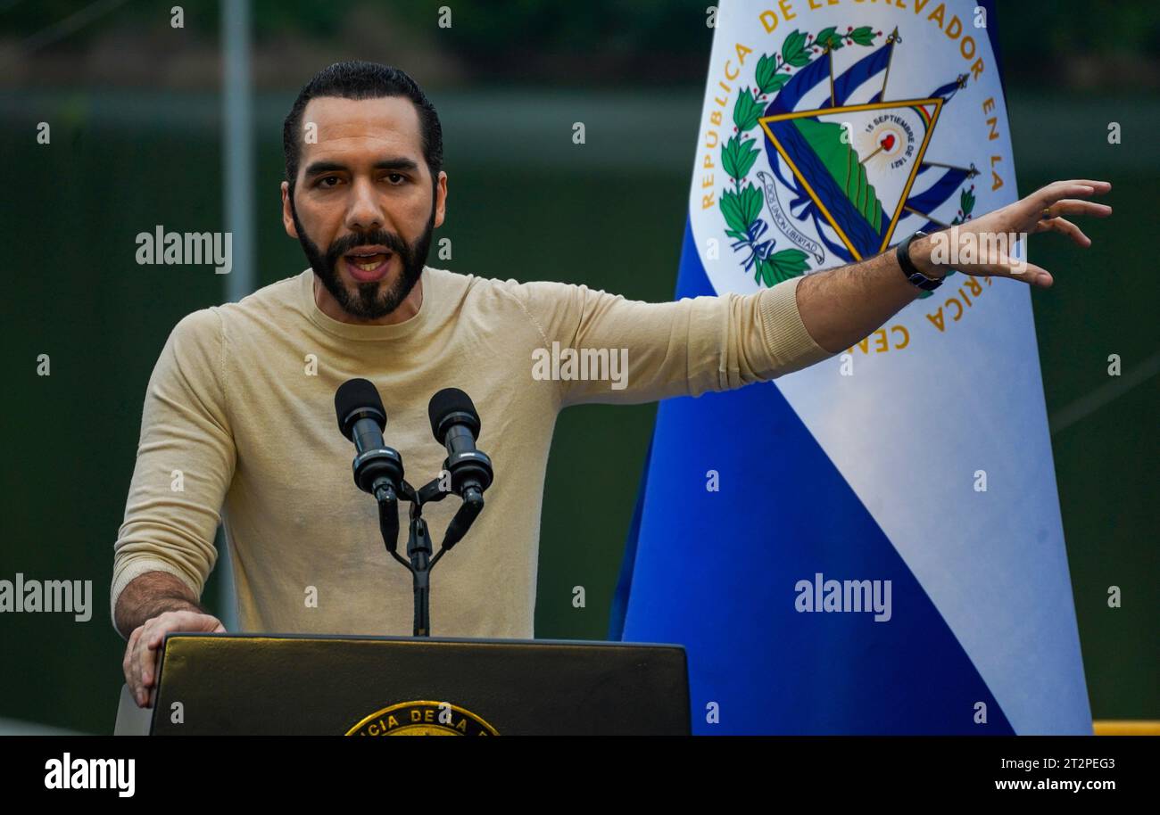 El Salvador's President Nayib Bukele gestures while inaugurating the