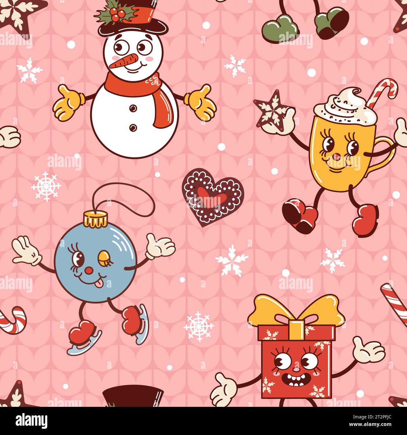 Snowman, gift and hot chocolate mug dancing, ball is skating. Cute old retro cartoon style characters. Knitted ugly sweater. Seamless pattern for wall Stock Vector