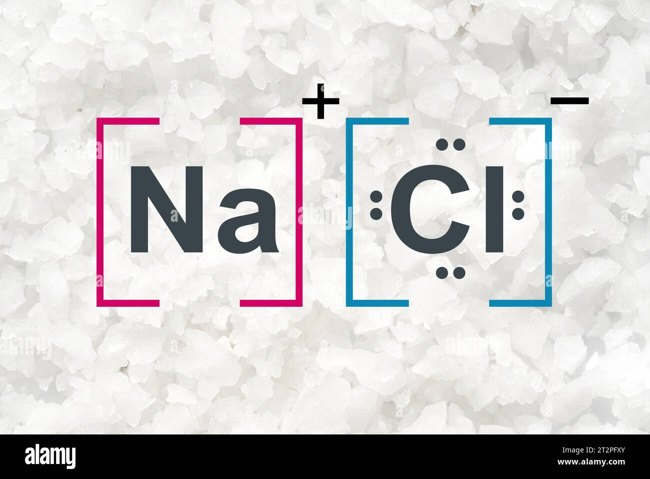 Flake salt on white laboratory table with molecular structure. Top View