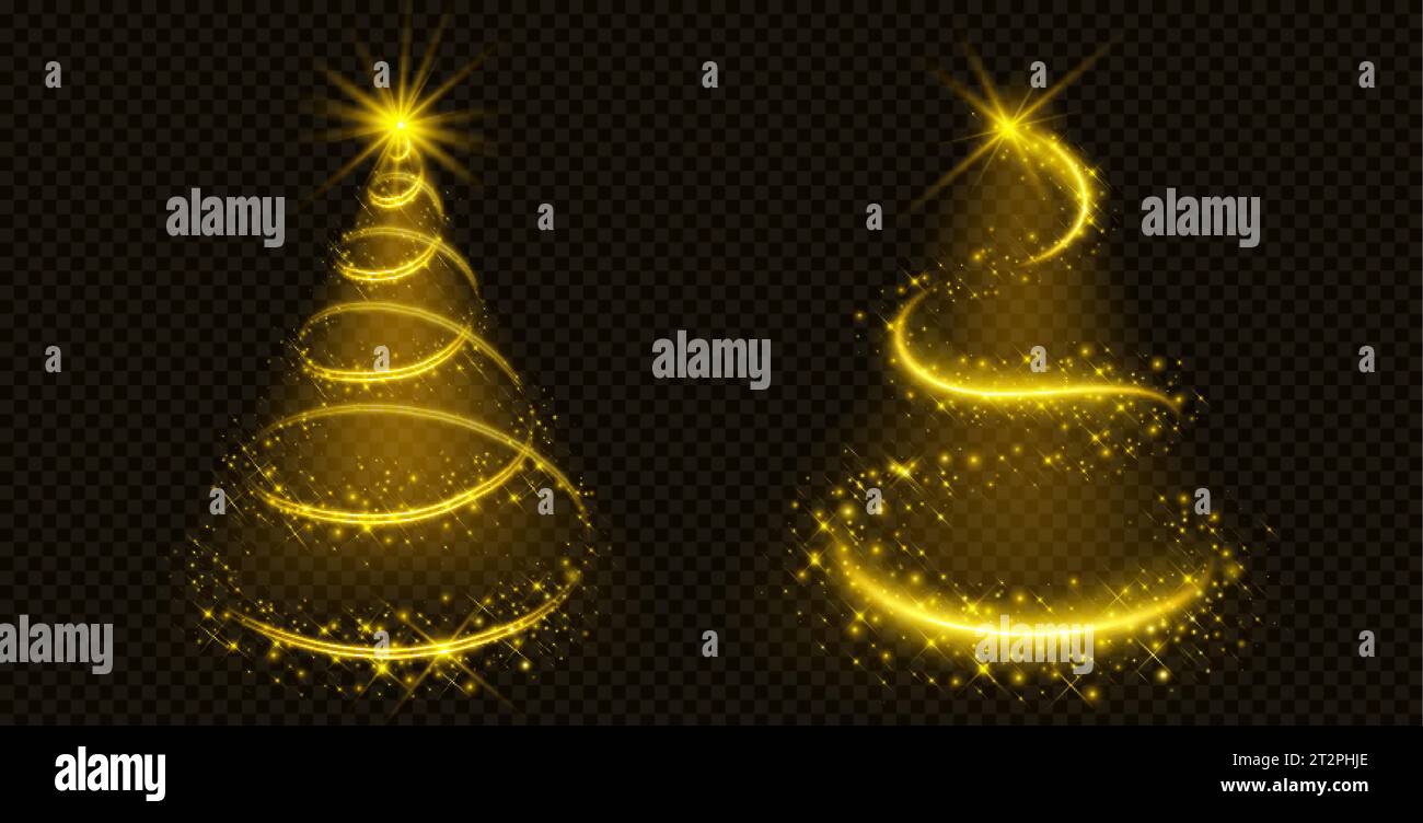 Christmas tree made of golden light and sparkles. Abstract shiny and ...