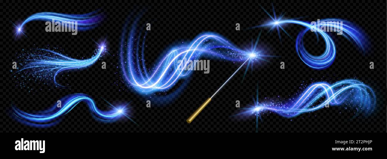 Realistic magic wand with set of blue light vortex effects isolated on