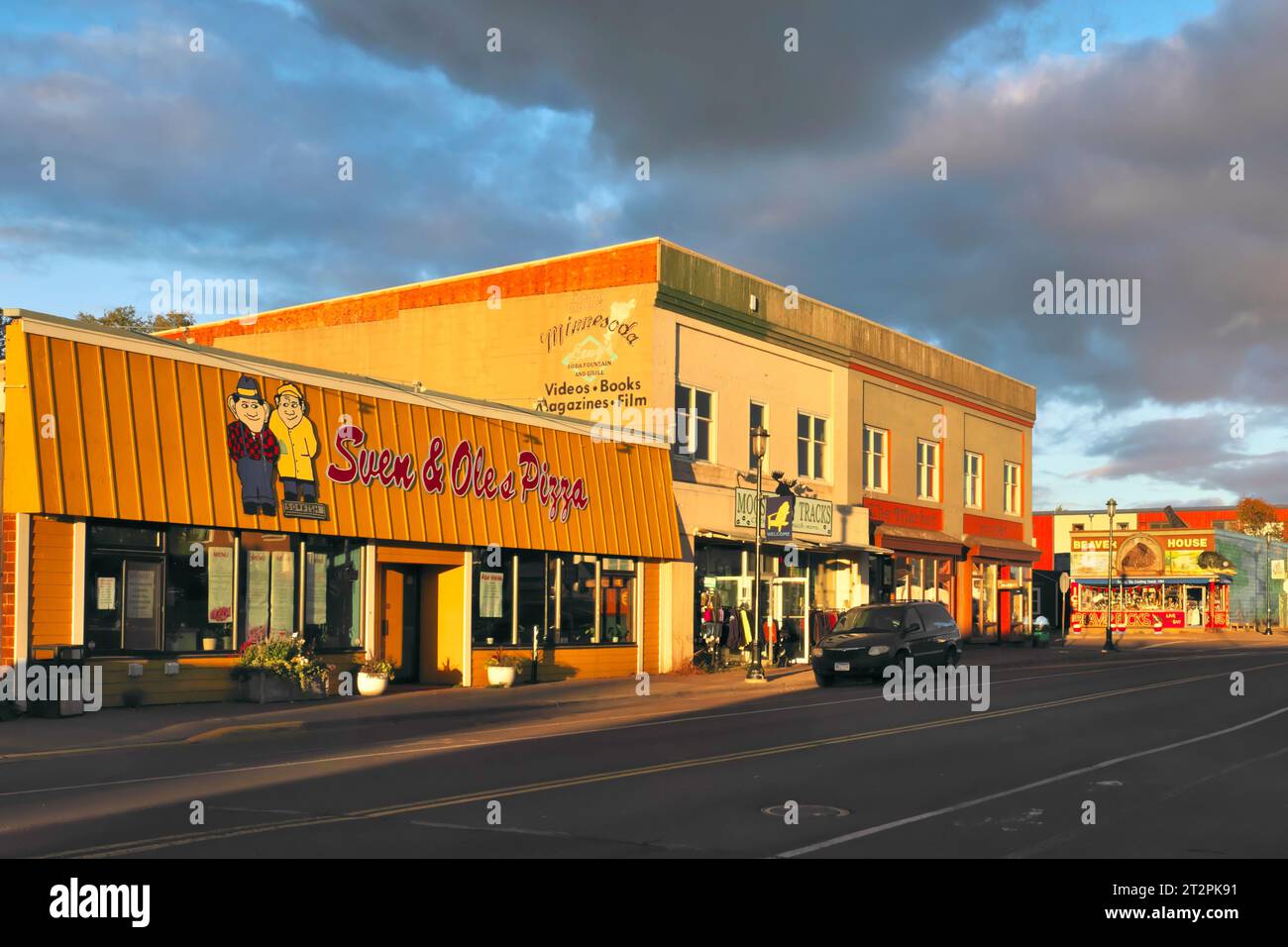 Grand Marais, Minnesota businesses in warm afternoon sunlight Sven