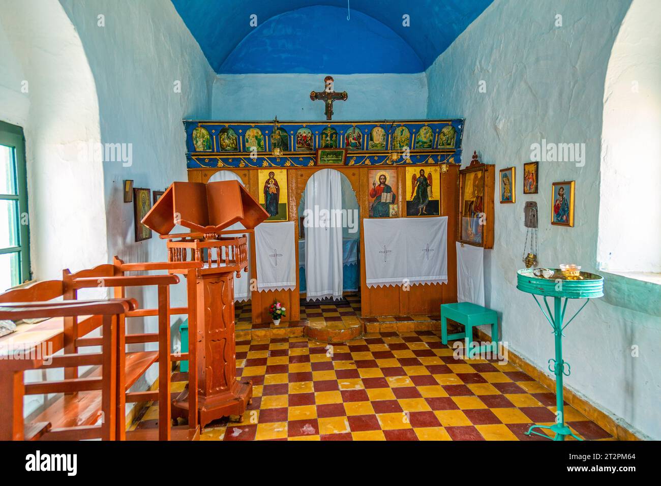Inside a small Greek Orthodox church. Stock Photo