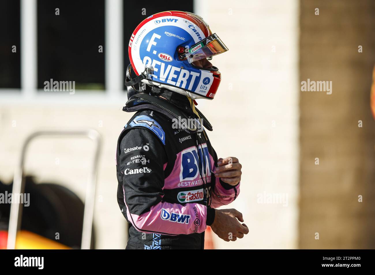Austin, Texas, USA. 21st Oct 2023. GASLY Pierre (fra), Alpine F1 Team A523, portrait helmet, casque, tribute Francois Cevert during the 2023 Formula 1 Lenovo United States Grand Prix, 18th round of the 2023 Formula One World Championship from October 20 to 22, 2023 on the Circuit of The Americas, in Austin, USA Credit: Independent Photo Agency/Alamy Live News Stock Photo