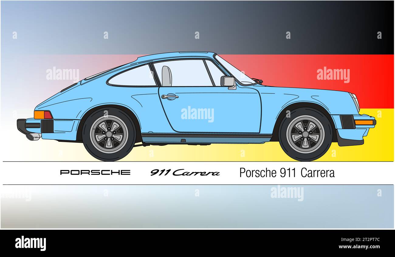 Germany, year 1974, Porsche 911 Carrera, vintage car, illustration light blue coloured on the german flag Stock Photo