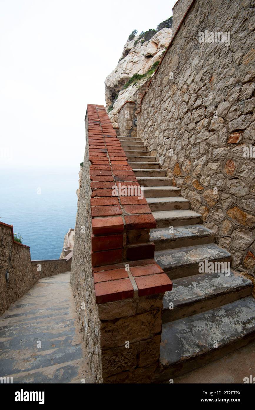 Access to Neptune Grotto Staircase - Sardinia - Italy Stock Photo