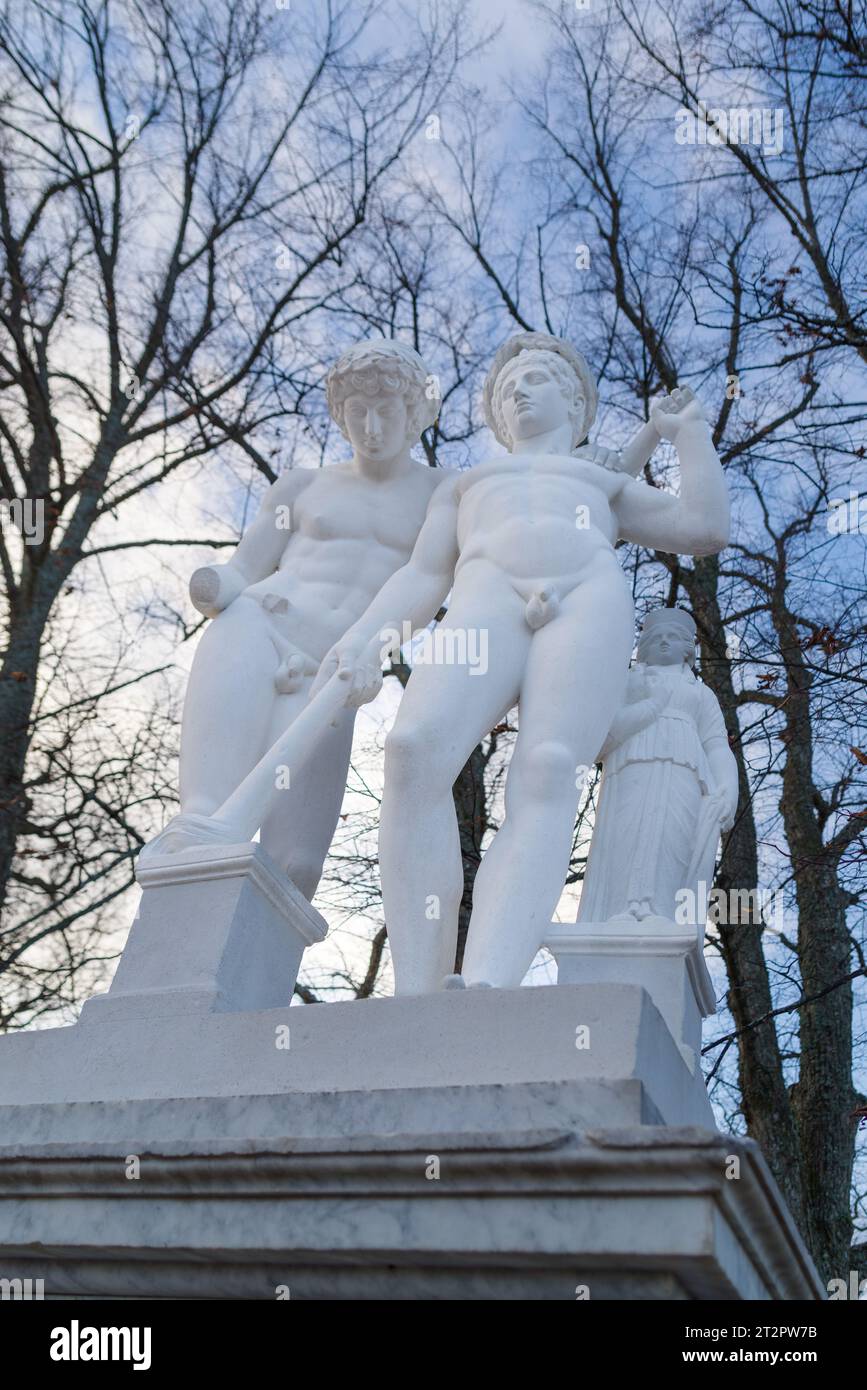 two white statues in Drottningholms palace park in stockholm Stock Photo