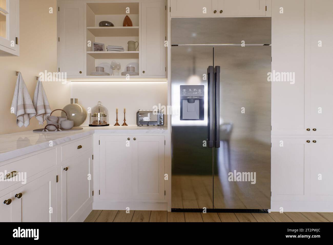 Chrome Plated Large Double Door Refrigerator In The Kitchen Stock Photo