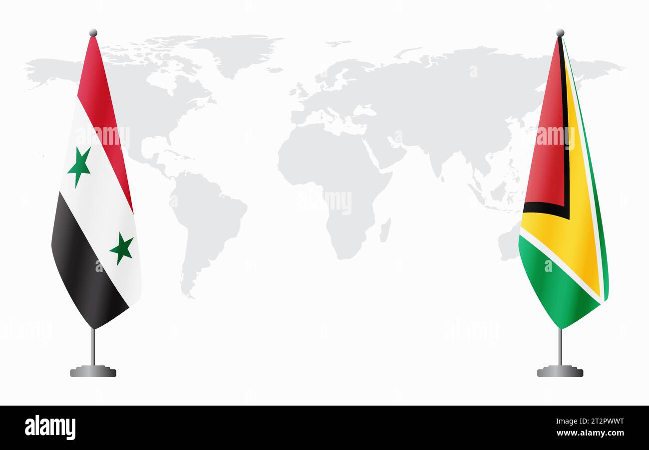 Syria and Guyana flags for official meeting against background of world map. Stock Vector