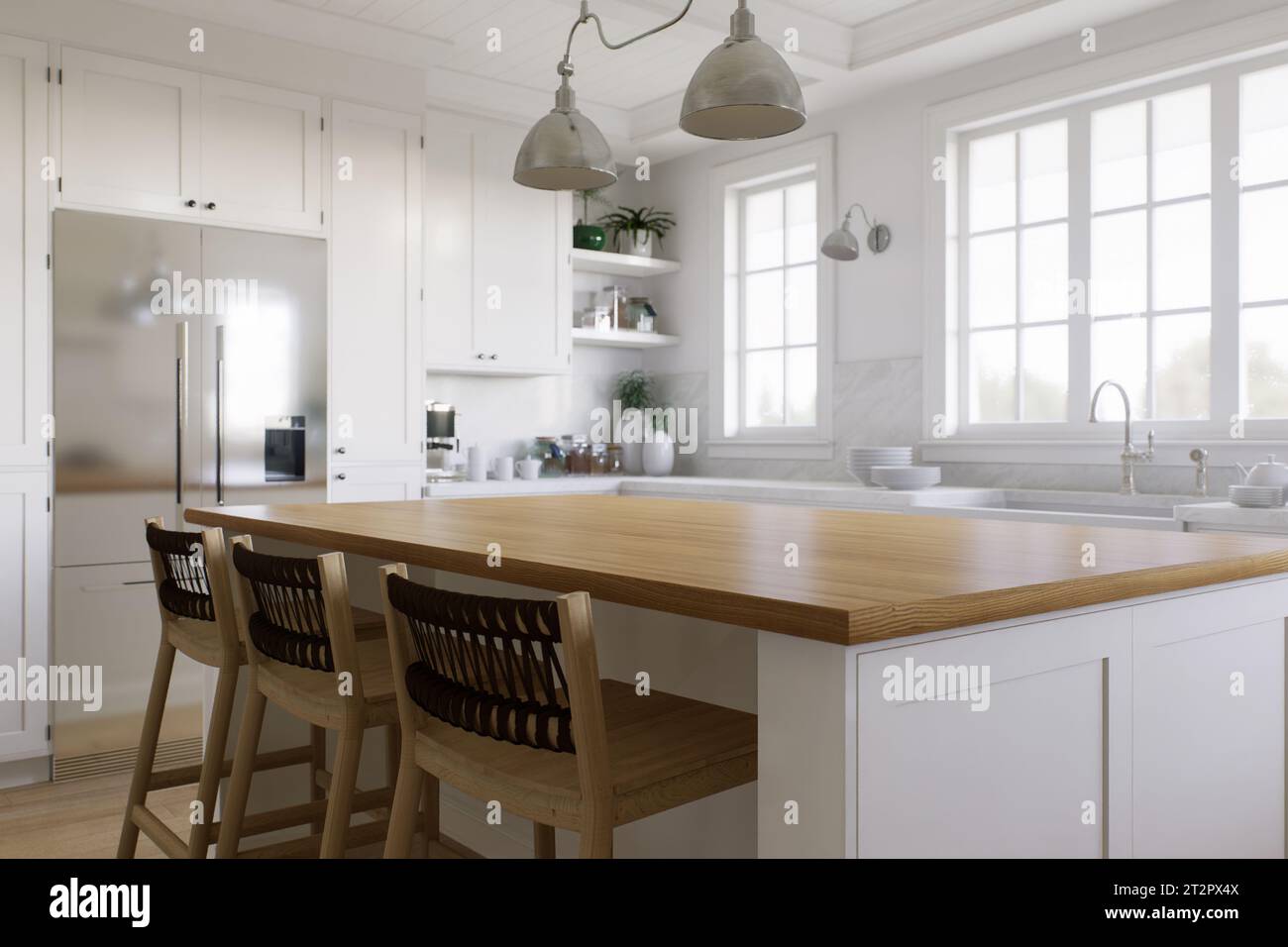 White Ushaped kitchen with windows, kitchen appliances and utensils
