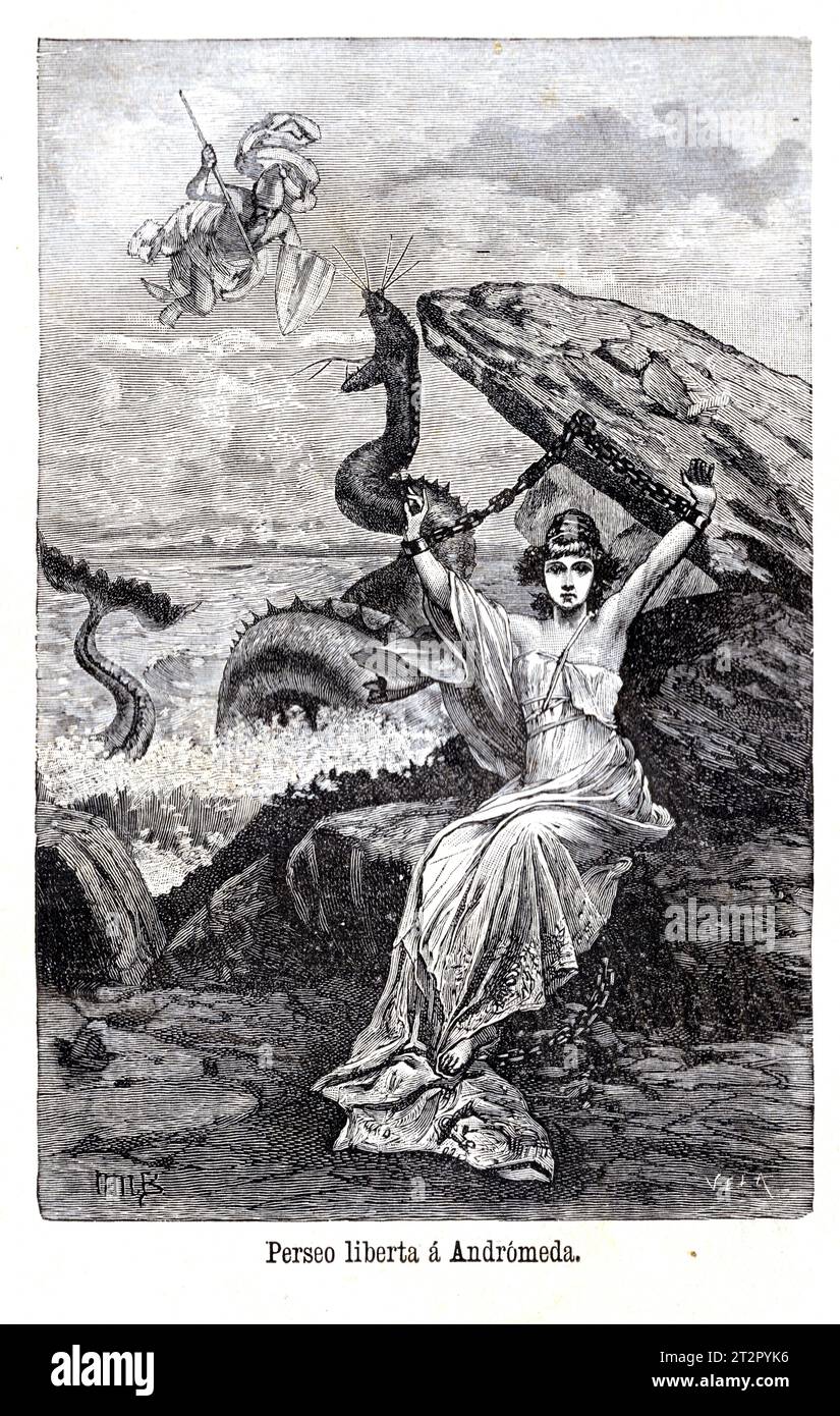 Perseo liberta Andromeda by Narciso Mendez Bringa (1868-1933) - Illustrations from Saturnina Calleja's La Mitologia, Madrid, 1892 Stock Photo