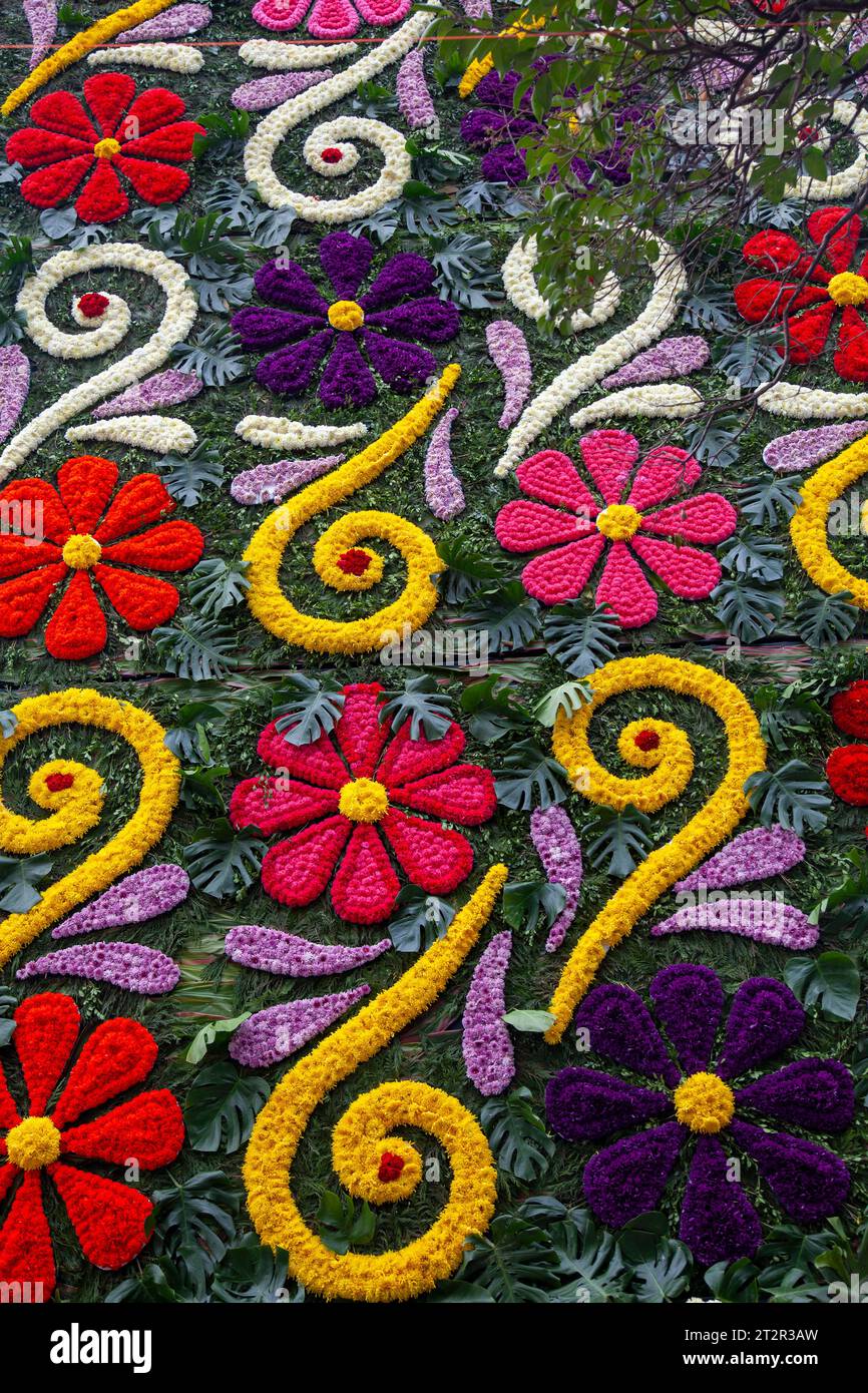 Wall of Flowers on Avenida Presidente Masaryk during  Festival de Flores (Day of the Dead)  in Polanco Neighbourhood in Mexico City, Mexico Stock Photo