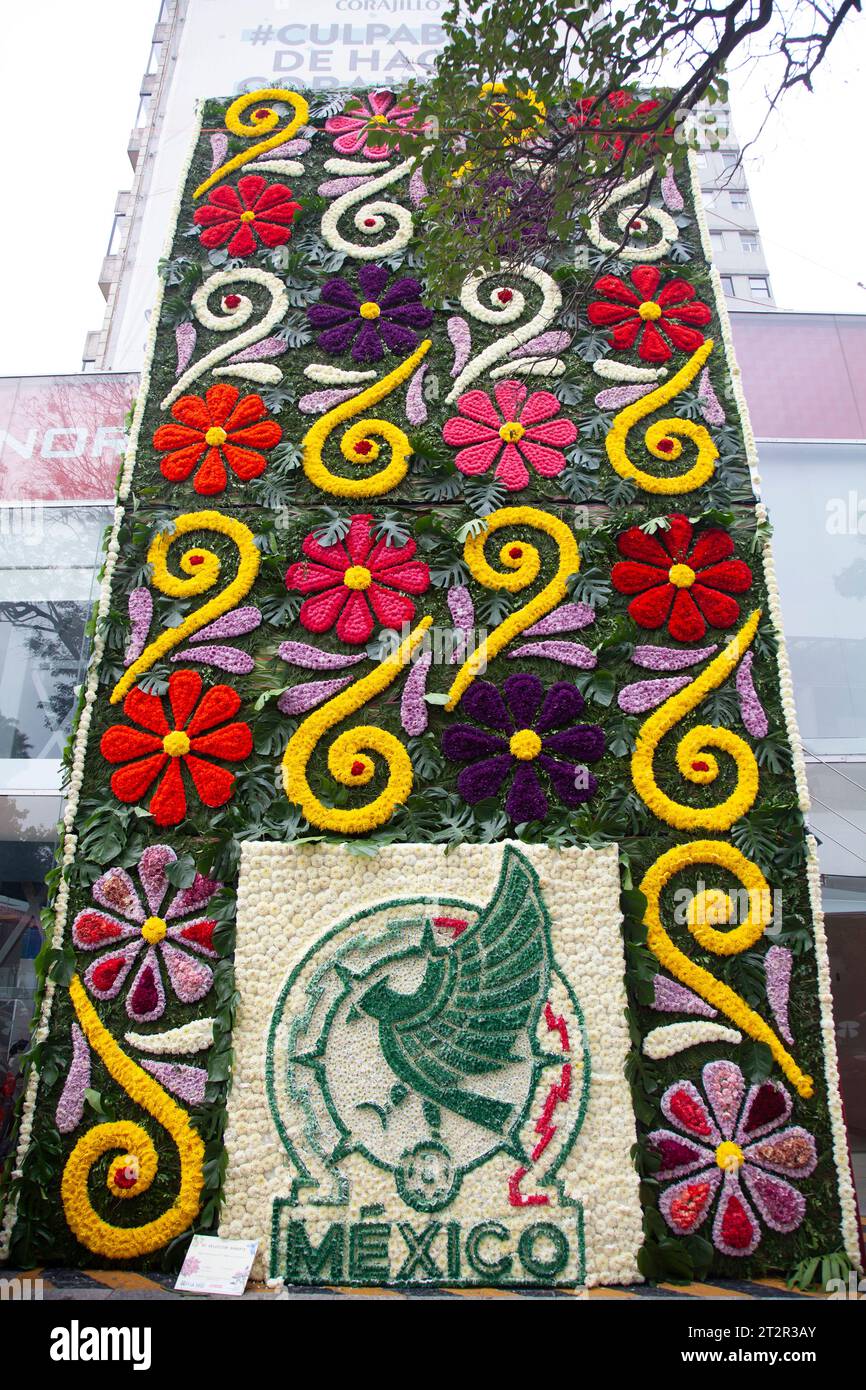 Banorte Wall of Flowers on Avenida Presidente Masaryk during  Festival de Flores (Day of the Dead)  in Polanco Neighbourhood in Mexico City, Mexico Stock Photo