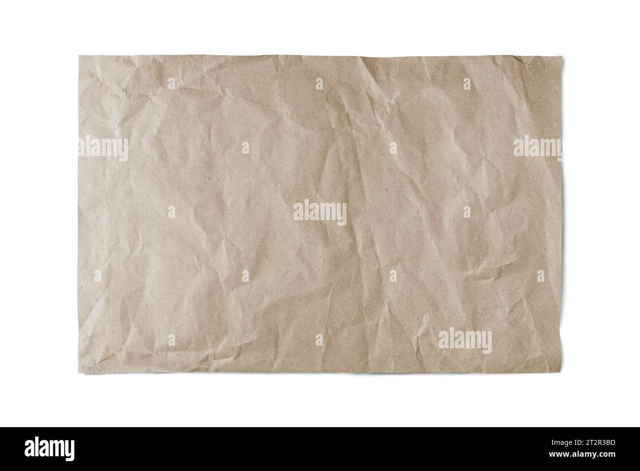 Brown crumpled rectangle sheet of paper with smooth edge isolated on white background. Recycled craft paper wrinkled, creased texture, grunge border. Stock Photo