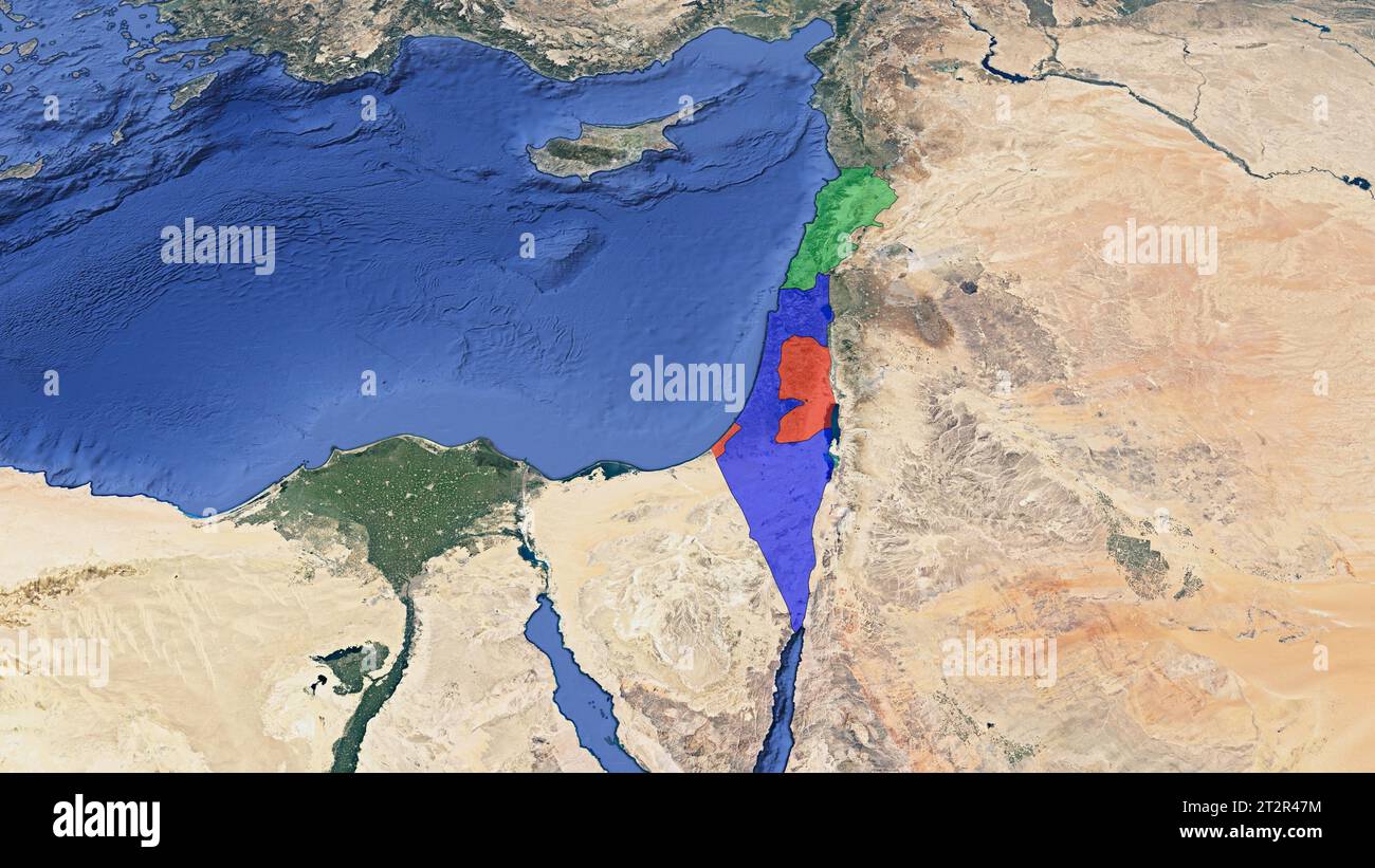 A 3D satellite map that highlights Lebanon in green, Palestinian