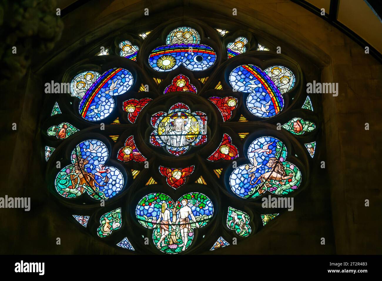 Stained glass window of Adam and Eve in Paradise, Roman catholic church ...