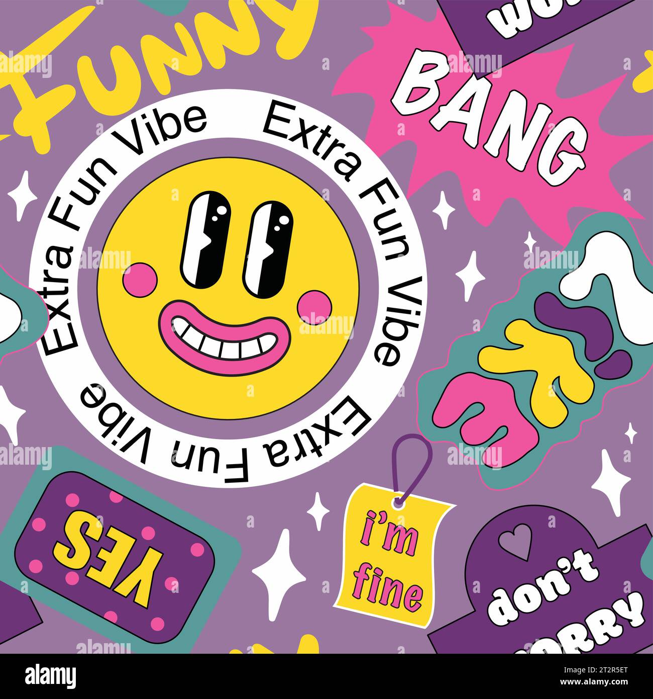 90 Cool Sticker Collage Seamless Pattern. Funny Print with Retro