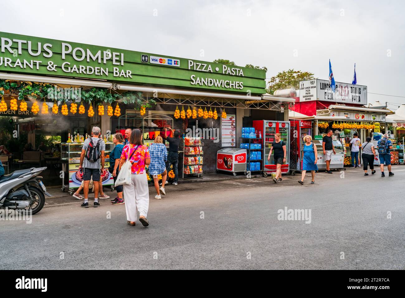POMPEI, ITALY - SEPTEMBER 20 2023: Food market outside the site of the excavated ancient Roman city of Pompei destroyed in 79 AD by the eruption of th Stock Photo