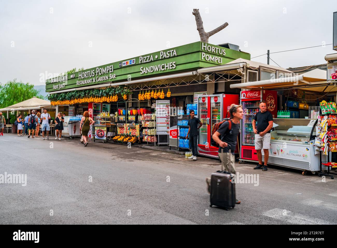 POMPEI, ITALY - SEPTEMBER 20 2023: Food market outside the site of the excavated ancient Roman city of Pompei destroyed in 79 AD by the eruption of th Stock Photo