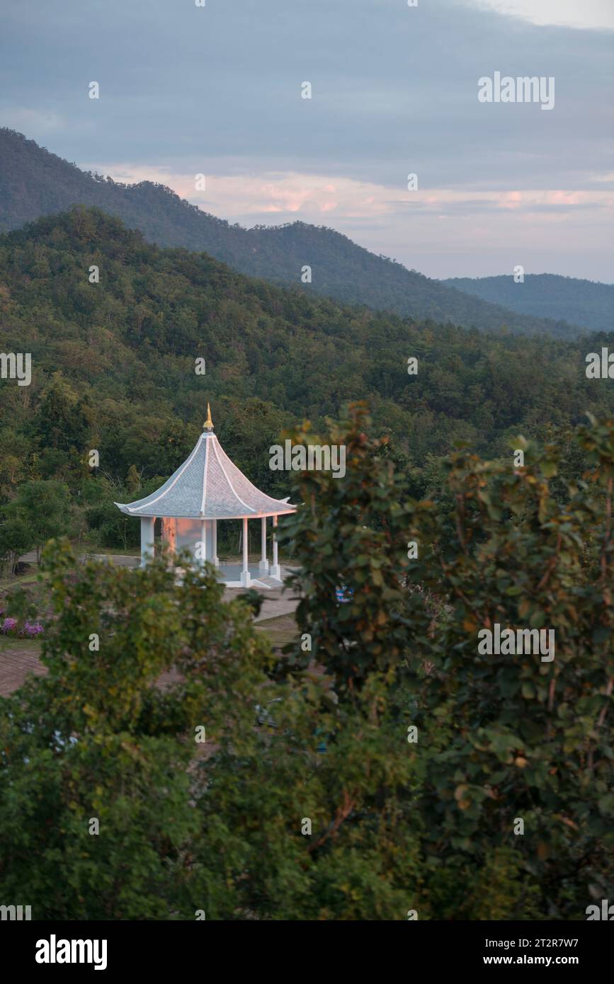 a Pavillon at the Wat Phra Bat Phu Pha Daeng or Wat Chalermprakiet Prajomklao Rachanusorn Temple North of the City of Lampang in the Province of Lampa Stock Photo