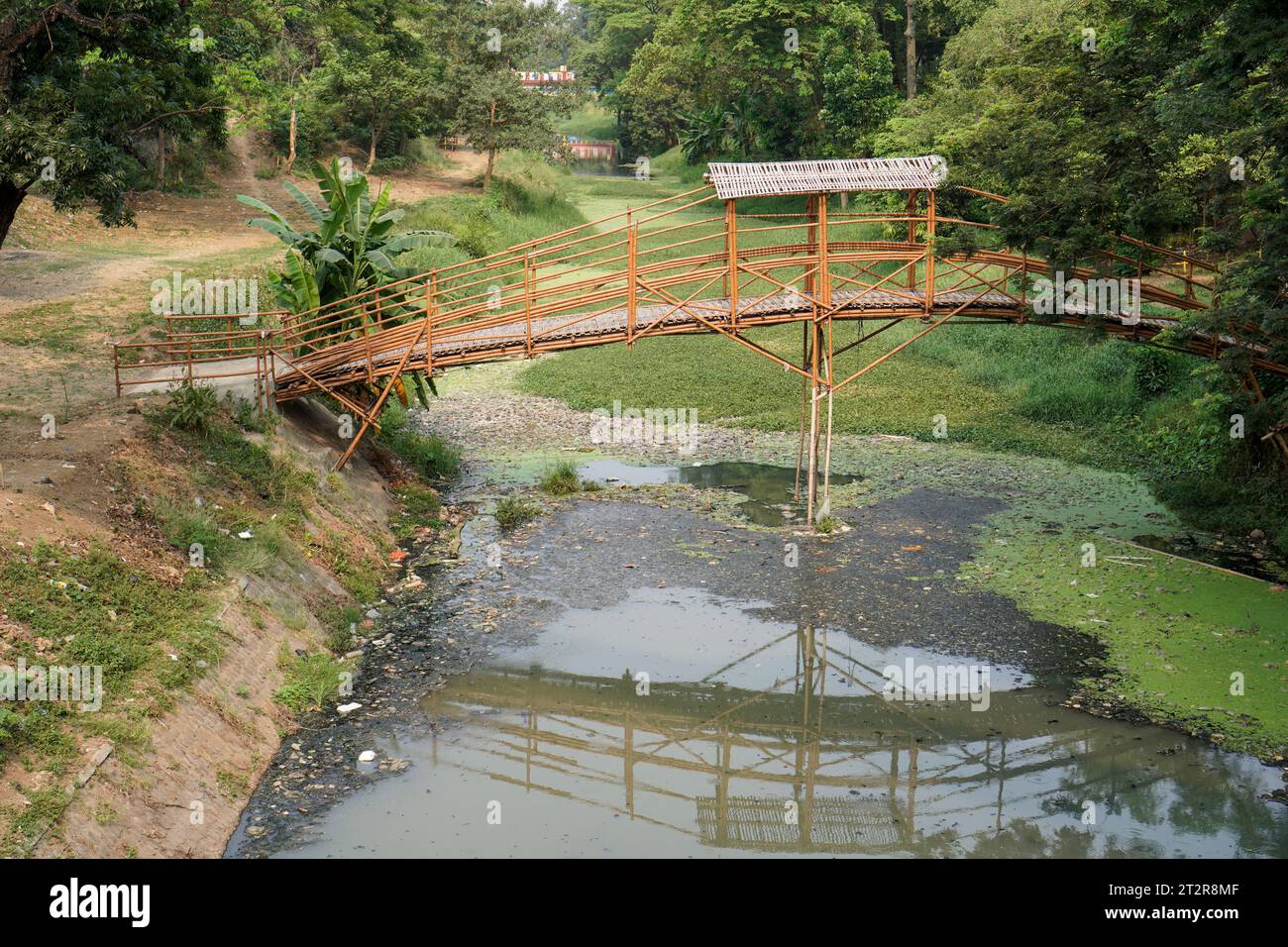 bridge for crossing made of bamboo, seen from the side with a wide angle, Stock Photo