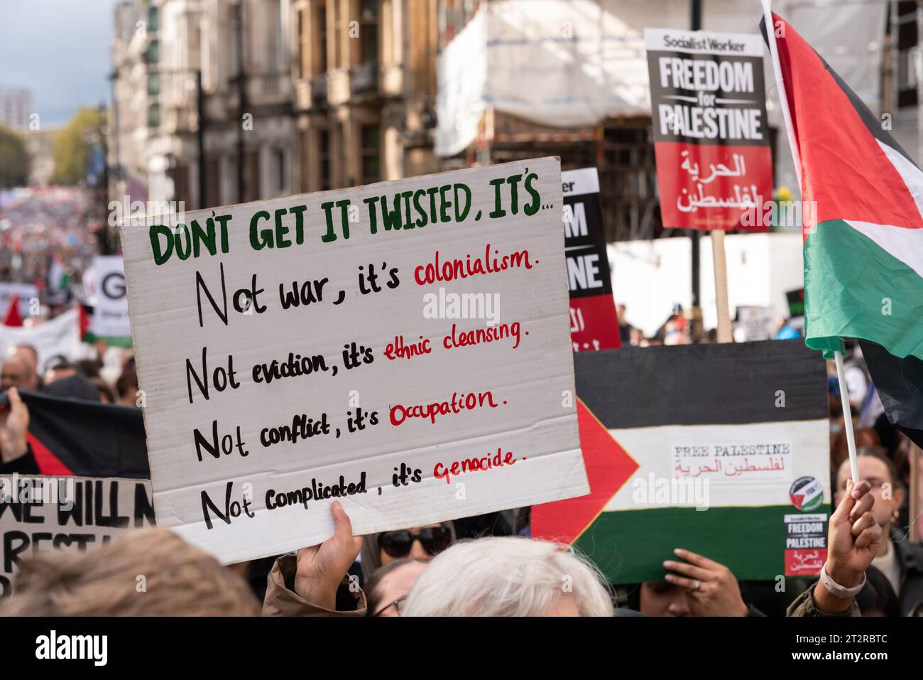 Piccadilly, London, UK. 21st Oct, 2023. A protest is taking place against the escalation of military action in Gaza as the conflict between Israel and Hamas continues. Organised by groups including Palestine Solidarity Campaign and Stop the War Coalition, titled ‘National March for Palestine’ and with calls to ‘free Palestine’, ‘end the violence’ and ‘end apartheid’. Crowds of protesters in Piccadilly Stock Photo