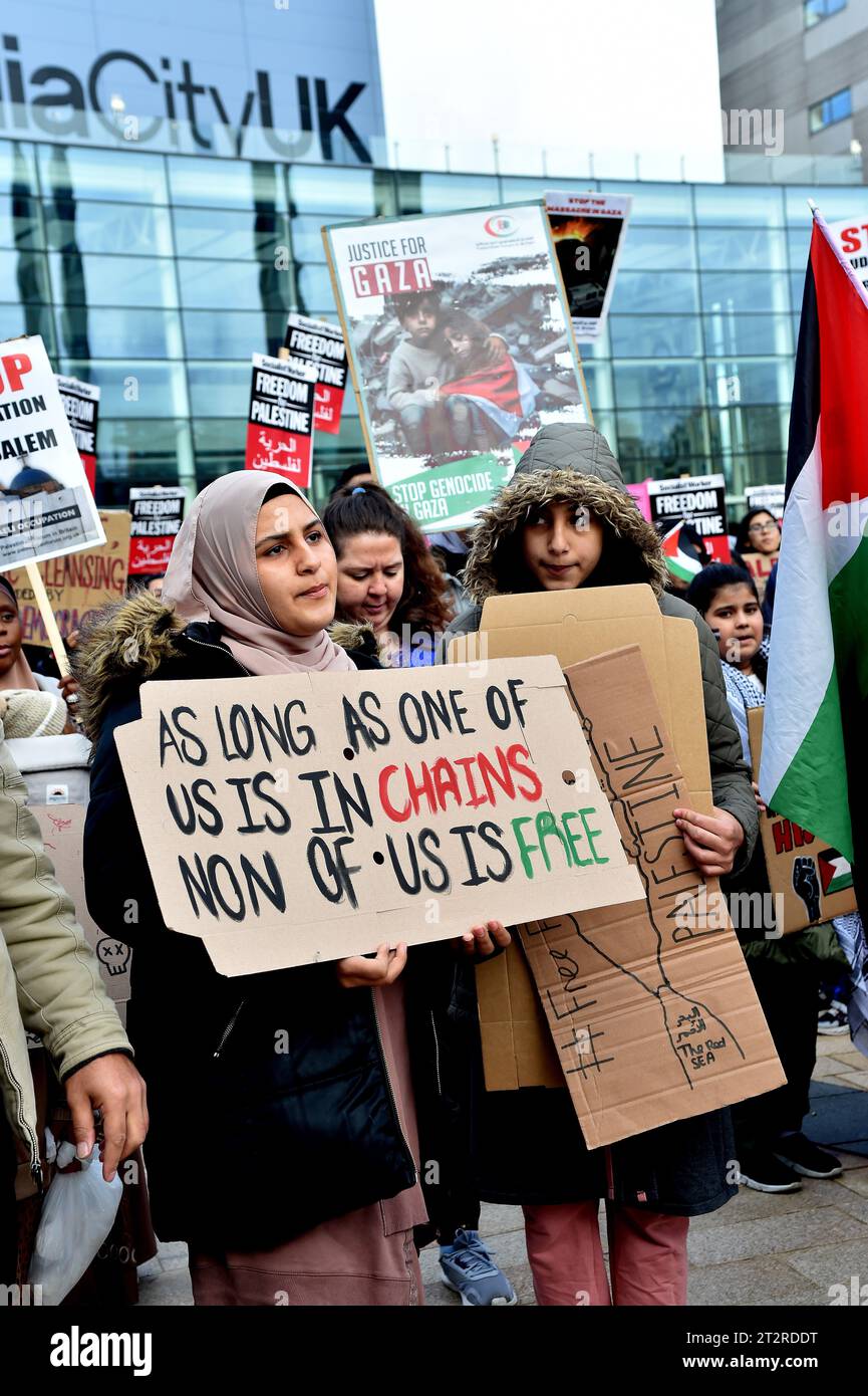 Protesters during a proPalestine demonstration outside MediaCityUK