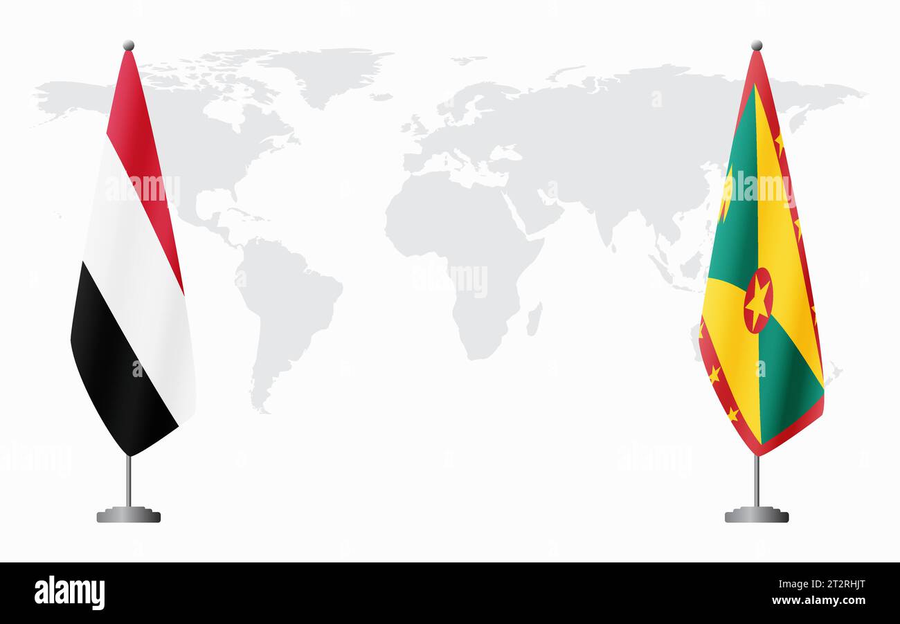 Yemen and Grenada flags for official meeting against background of world map. Stock Vector
