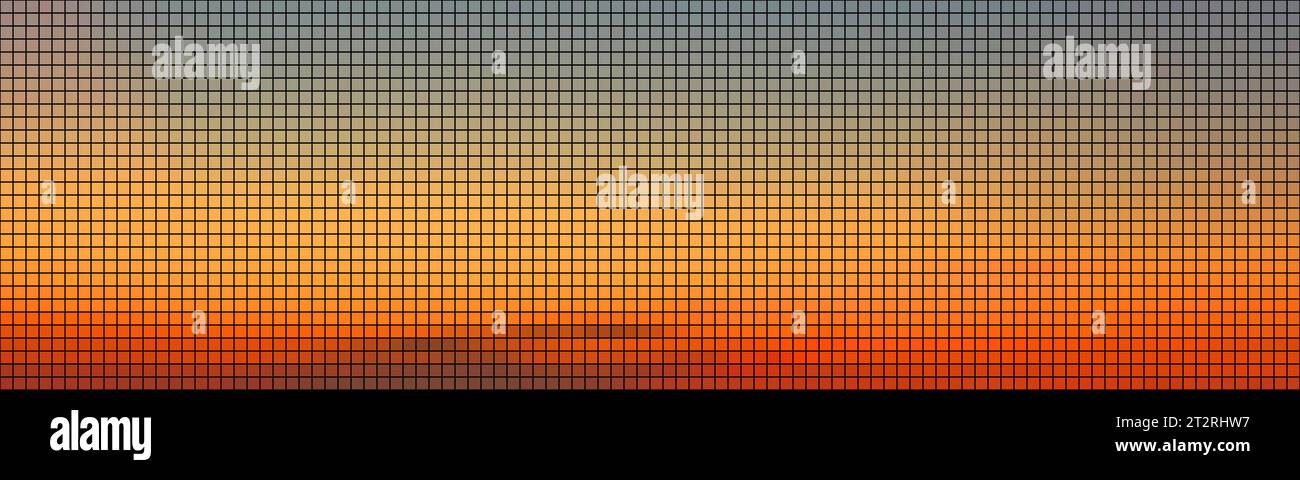 Pixel sunset sky with a bright gradient in retro game style with dithering. Abstract background with a pattern of multi-colored square pixels. Vector Stock Vector