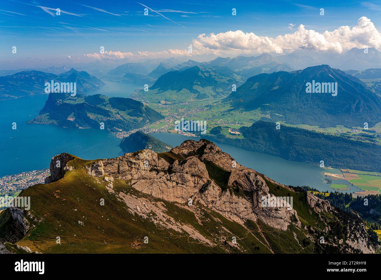 Panoramic view of Lake Lucerne from Pilatus Mountain in Switzerland. Stock Photo