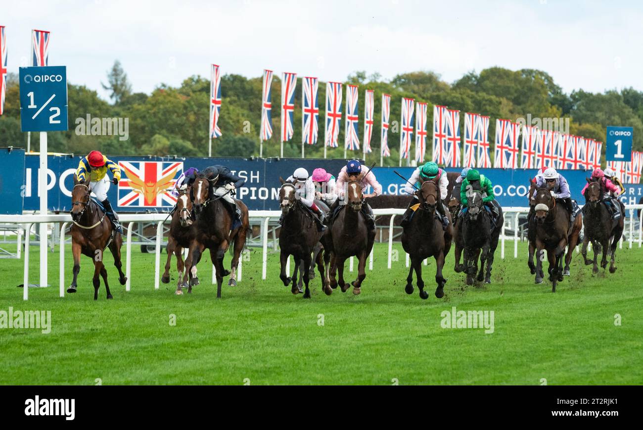 Ascot, Berkshire, United Kingdom. Saturday 21st October 2023. Poptronic and Sam James win the QIPCO British Champions Fillies & Mares Stakes Group 1 for trainer Karl Burke and owners David & Yvonne Blunt Credit JTW Equine Images / Alamy Live News Stock Photo