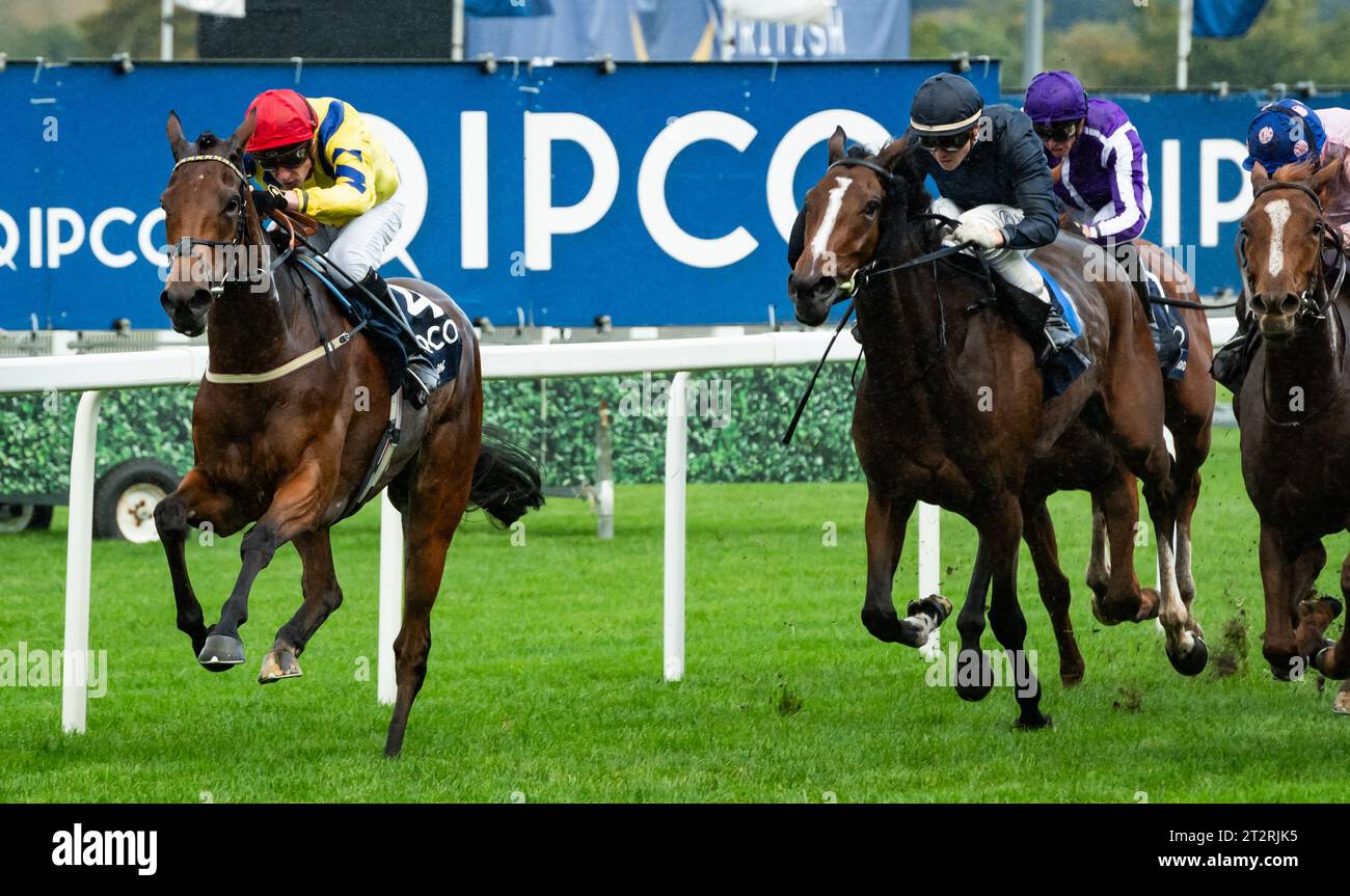 Ascot, Berkshire, United Kingdom. Saturday 21st October 2023. Poptronic and Sam James win the QIPCO British Champions Fillies & Mares Stakes Group 1 for trainer Karl Burke and owners David & Yvonne Blunt Credit JTW Equine Images / Alamy Live News Stock Photo