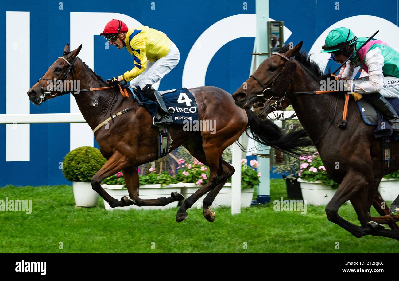 Ascot, Berkshire, United Kingdom. Saturday 21st October 2023. Poptronic and Sam James win the QIPCO British Champions Fillies & Mares Stakes Group 1 for trainer Karl Burke and owners David & Yvonne Blunt Credit JTW Equine Images / Alamy Live News Stock Photo