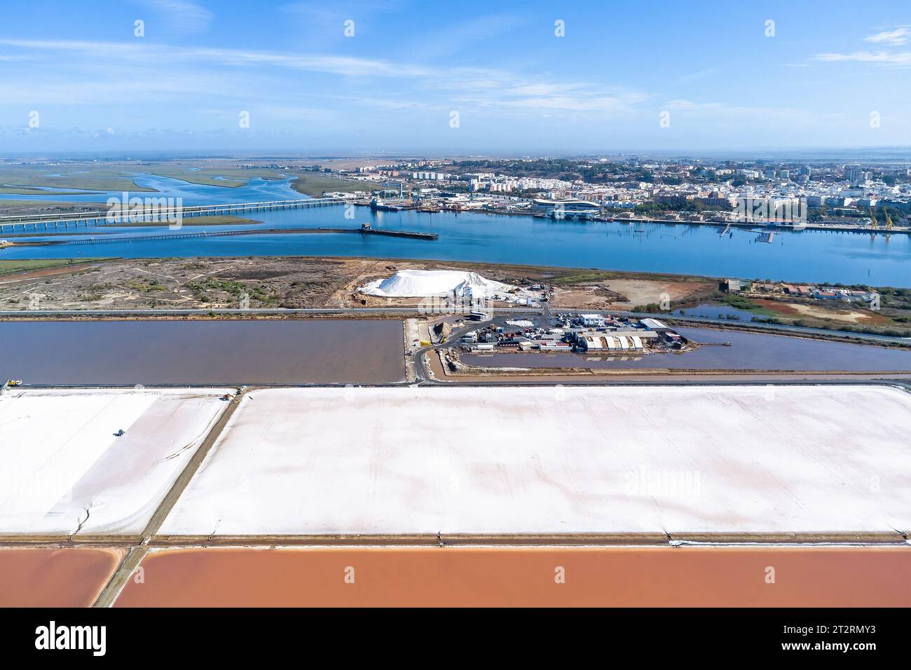 Huelva, Spain October 21, 2023 Salt production in the evaporators of