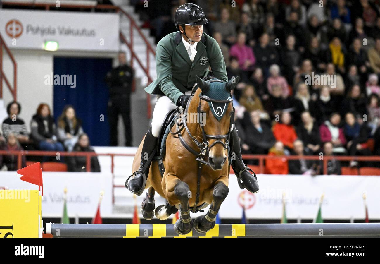 Helsinki, Finland. 21st Oct, 2023. Francesco Turturiello of Italy with  Quite Balou competes during Helsinki Grand Trophy 160 cm equestrian  competition at the Helsinki International Horse Show in Helsinki, Finland,  on October