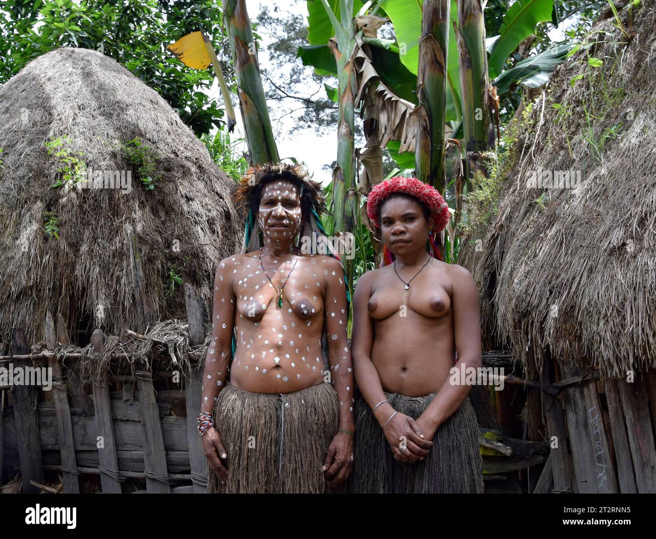 Women of the Dani Tribe in front of their hut Stock Photo