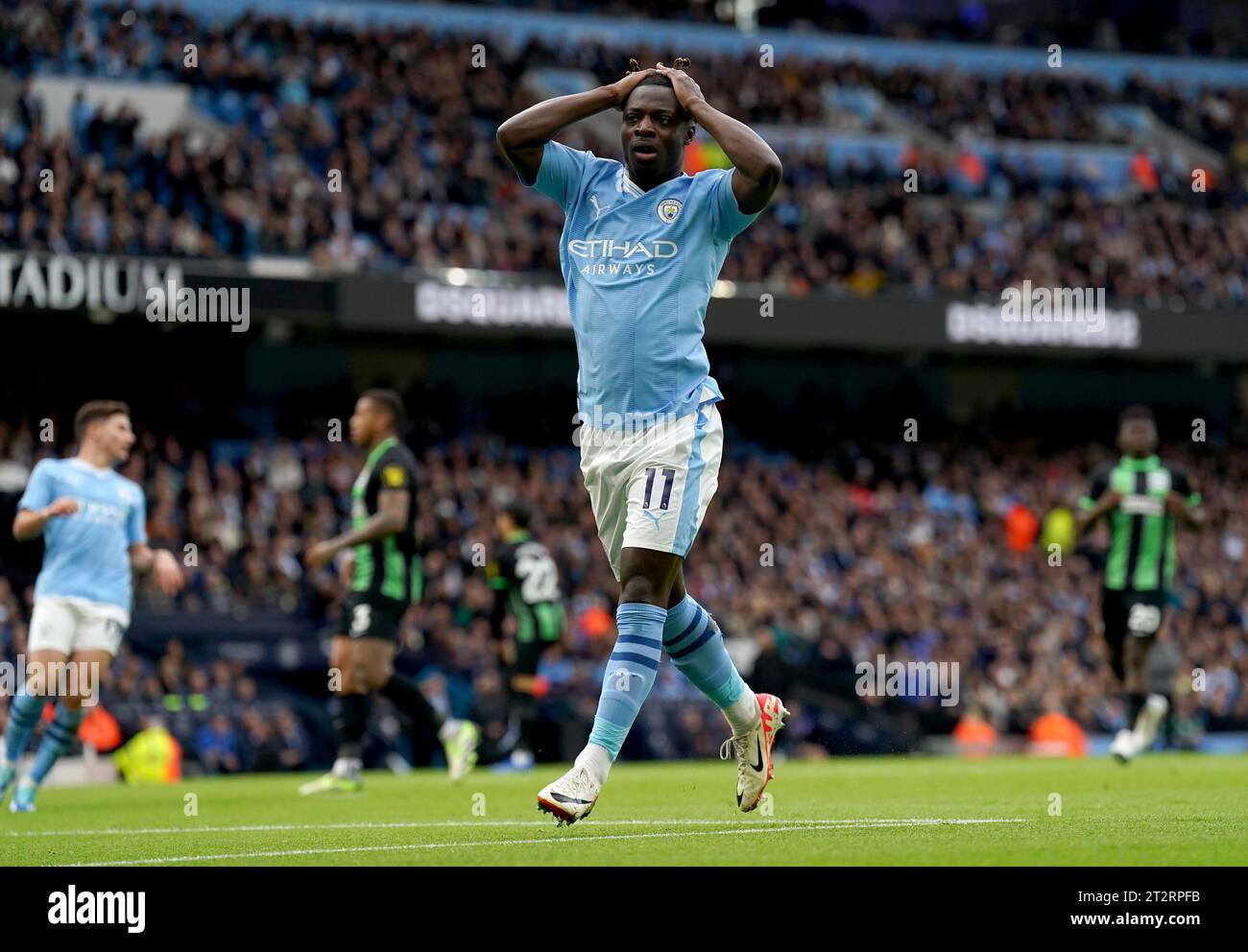 Manchester City's Jeremy Doku rues a missed chance during the Premier League match at the Etihad Stadium, Manchester. Picture date: Saturday October 21, 2023. Stock Photo