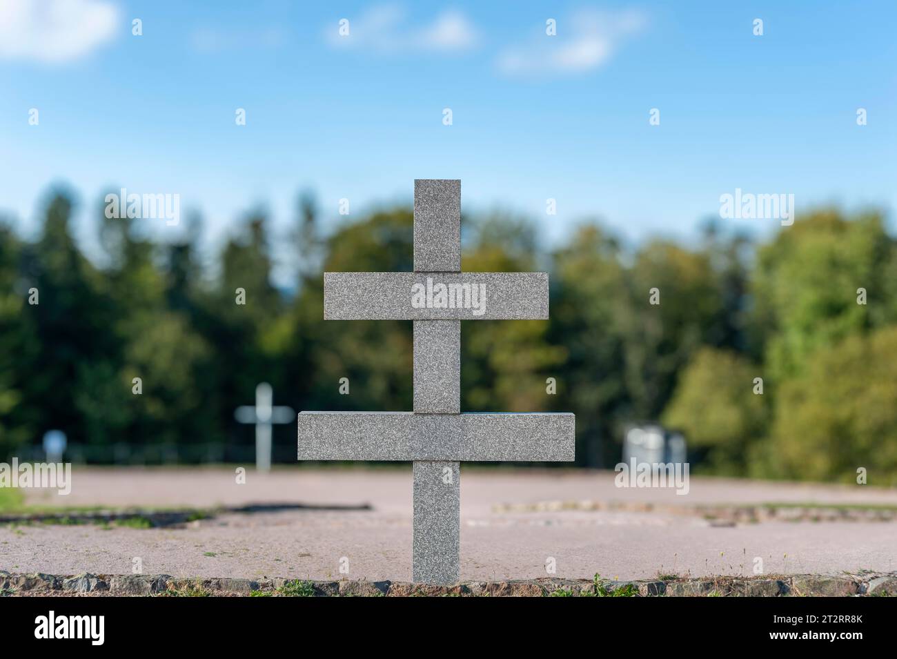 Cross of Lorraine or Patriarch's Cross in the former concentration camp Natzweiler-Struthof, Natzwiller, Alsace, France Stock Photo